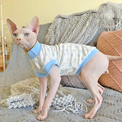 Hairless Cat Clothes Breathable Summer Cotton Thin Turtleneck T-Shirt Vest Star Print Pullover Short Sleeve Tank Tops Pajamas Jumpsuits for Sphynx,Cornish Rex, Devon Rex, Peterbald (L)