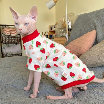 Hairless Cat Clothes Spring Fall Cotton Long Sleeve Turtleneck T-Shirt Strawberry Print Vest Stretch Jumpsuits Pullover Comfort Pajamas for Sphynx,Cornish Rex, Devon Rex, Peterbald (S)