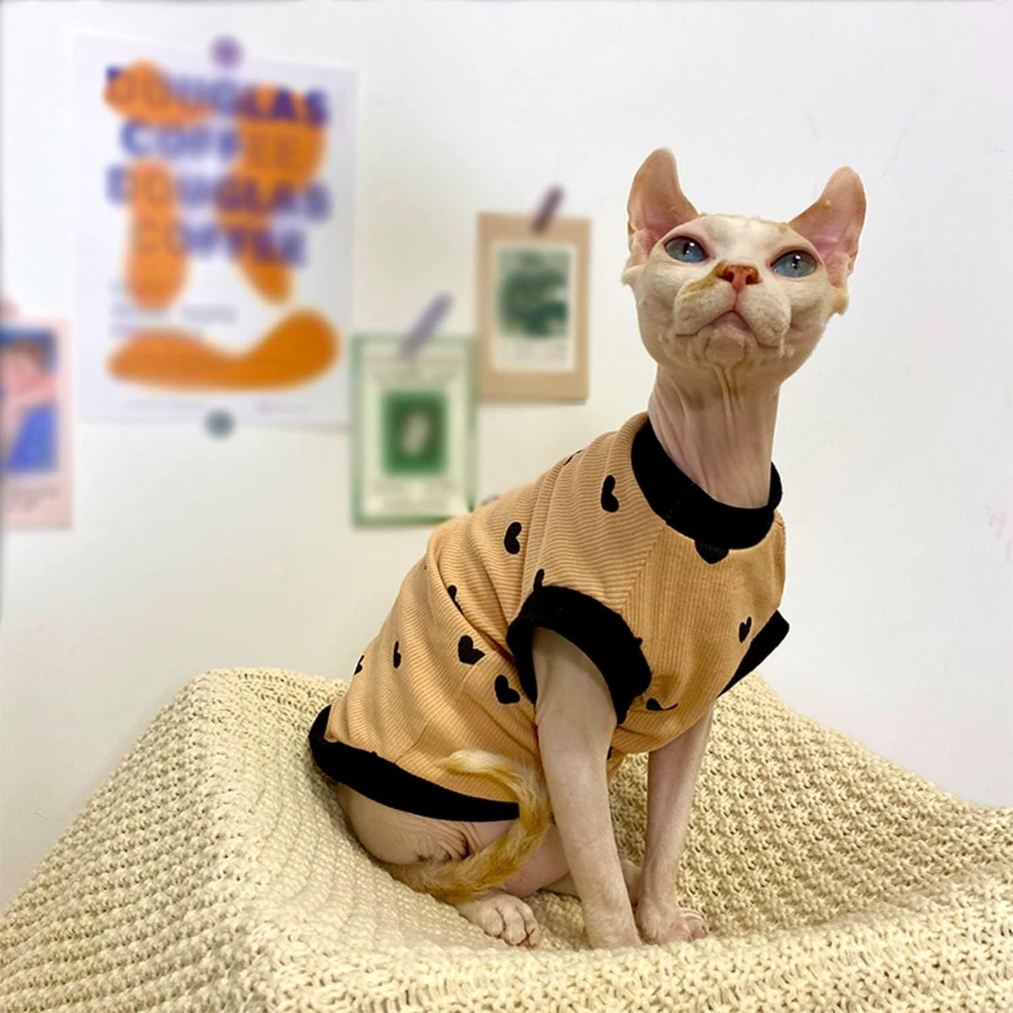 Sphynx Cat Clothes Breathable Summer Cotton Elastic T-Shirts with Heart Print Cat Wear Clothes Vest Pajamas Apparel for Sphynx, Cornish Rex, Devon Rex, Peterbald (S+)