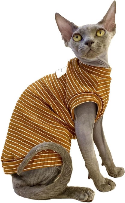 Sphynx Cat Clothes Breathable Summer Cotton Elastic T-Shirts with Stripe Print Round Collar Cat Wear Clothes Vest Pajamas Apparel for Sphynx, Cornish Rex, Devon Rex, Peterbald (M+)