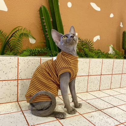 Sphynx Cat Clothes Breathable Summer Cotton Elastic T-Shirts with Stripe Print Round Collar Cat Wear Clothes Vest Pajamas Apparel for Sphynx, Cornish Rex, Devon Rex, Peterbald (M+)