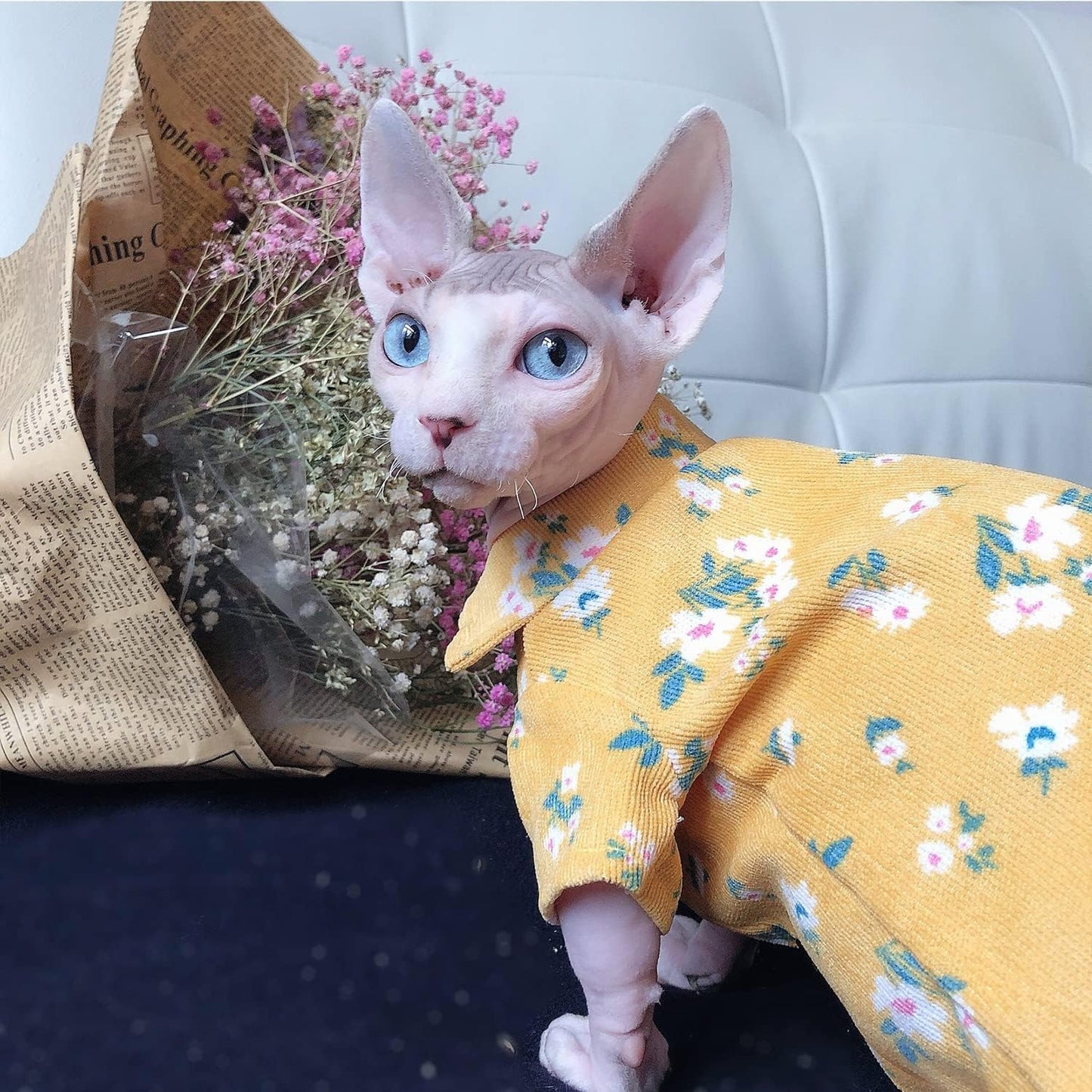 Hairless Cat T-Shirts Breathable Summer Cotton Yellow Shirts Button Closure Turn Down Collar Floral Print Cat Clothes Vest Pajamas Apparel for Sphynx, Cornish Rex, Devon Rex, Peterbald (XS)