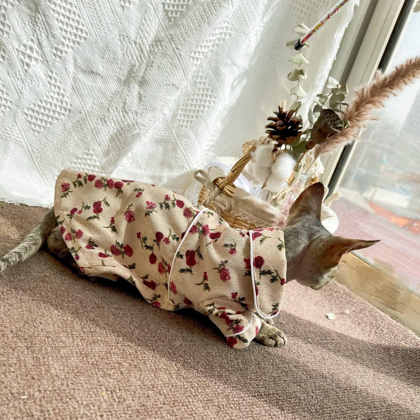 Hairless Cats Clothes Breathable Spring Corduroy Cat Pajamas Cute Soft PJs with Floral Print Rompers Pet Jumpsuits Cozy Bodysuits for Sphynx, Cornish Rex, Devon Rex, Peterbald (S-,Khaki)