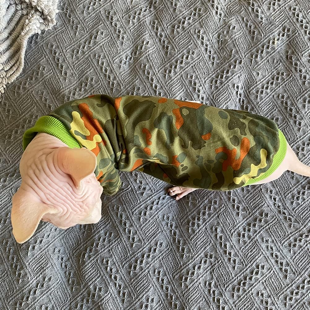 Hairless Cat Clothes Spring Fall Cotton Long Sleeve Turtleneck T-Shirt Camouflage Print Vest Stretch Jumpsuits Pullover Comfort Pajamas for Sphynx,Cornish Rex, Devon Rex, Peterbald (M,Green)