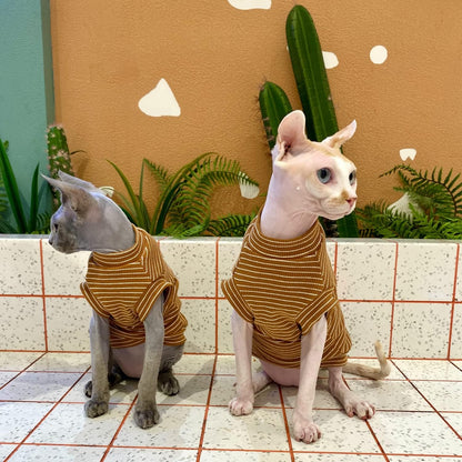 Sphynx Cat Clothes Breathable Summer Cotton Elastic T-Shirts with Stripe Print Round Collar Cat Wear Clothes Vest Pajamas Apparel for Sphynx, Cornish Rex, Devon Rex, Peterbald (M+)