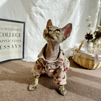 Hairless Cats Clothes Breathable Spring Corduroy Cat Pajamas Cute Soft PJs with Floral Print Rompers Pet Jumpsuits Cozy Bodysuits for Sphynx, Cornish Rex, Devon Rex, Peterbald (S-,Khaki)