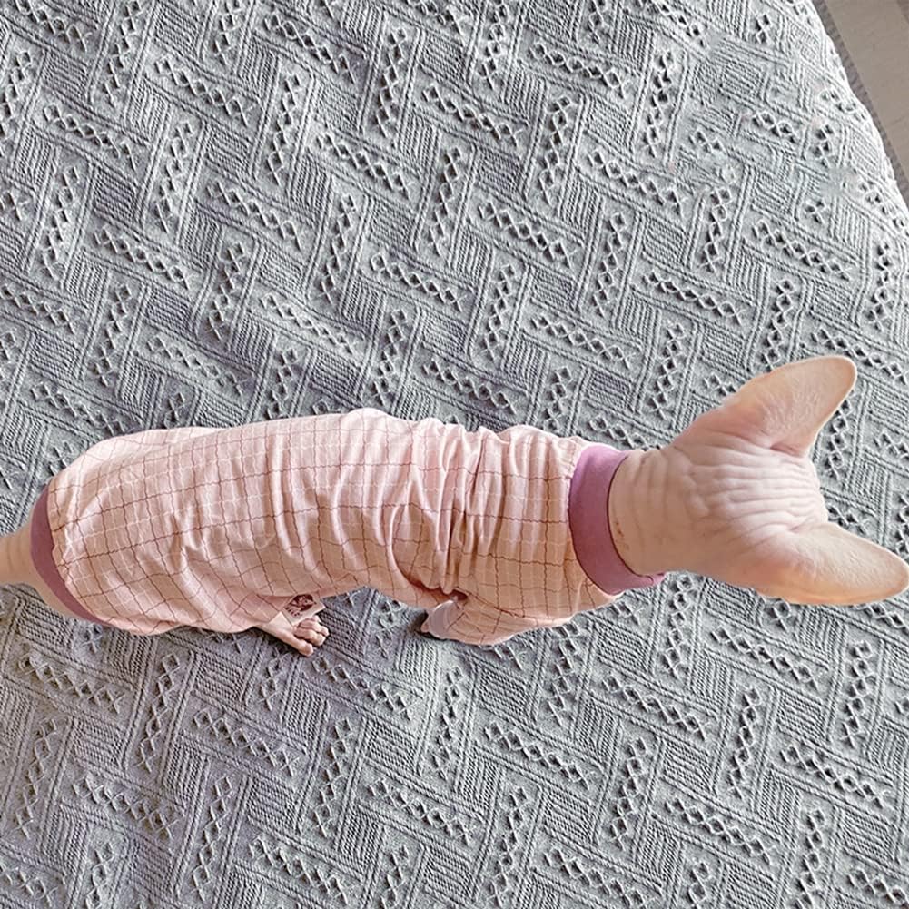 Hairless Cat Clothes Spring Fall Cotton Long Sleeve Turtleneck T-Shirt Striped Grid Print Vest Stretch Jumpsuits Pullover Comfort Pajamas for Sphynx,Cornish Rex, Devon Rex, Peterbald (L,Pink)