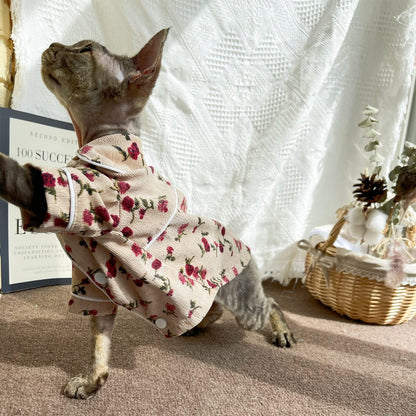 Hairless Cats Clothes Breathable Spring Corduroy Cat Pajamas Cute Soft PJs with Floral Print Rompers Pet Jumpsuits Cozy Bodysuits for Sphynx, Cornish Rex, Devon Rex, Peterbald (S-,Khaki)