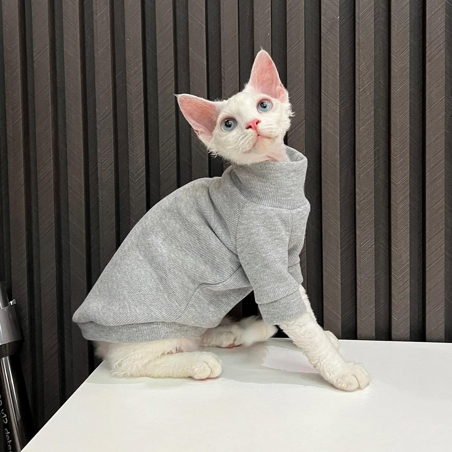 Hairless Cats Clothes - Turtleneck Cotton Sweater Shirt Winter Warm Cat Wear Coat Shirt Jumpsuit Clothes for Sphynx, Cornish Rex, Devon Rex, Peterbald, Hairless Cats Apparel (M+,Grey)