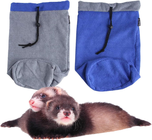 2 Pack Ferret Bath Towel Bag - Fast Drying Absorbent Bathrobe with Adjustable Drawstring Microfiber Towel for Small Animal (Blue+Grey)