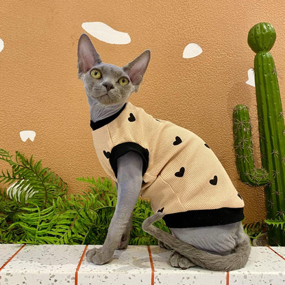 Sphynx Cat Clothes Breathable Summer Cotton Elastic T-Shirts with Heart Print Cat Wear Clothes Vest Pajamas Apparel for Sphynx, Cornish Rex, Devon Rex, Peterbald (S+)